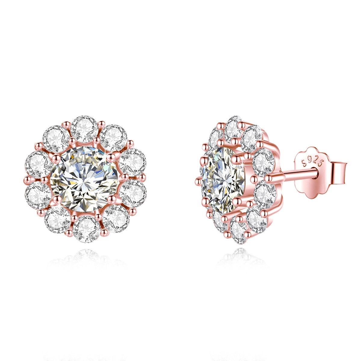 Delicate Halo Stud Earrings 1ct Moissanite Rose Gold 1