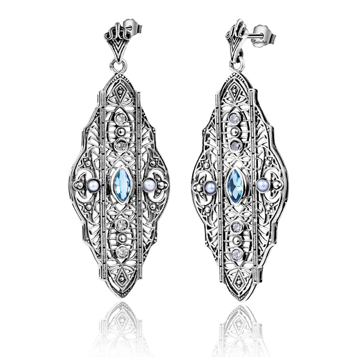 Middle Eastern ethnic style exquisite filigree natural pearl aquamarine long sterling silver earringsRound royal exquisite pattern natural garnet 925 sterling silver ring 1