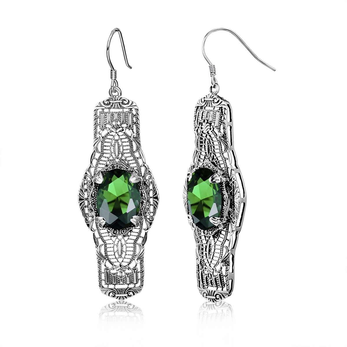 Vintage Style Big Tree Leaf Filigree Women Oval Emerald Long Earrings 925 Silver Cocktail Party 1