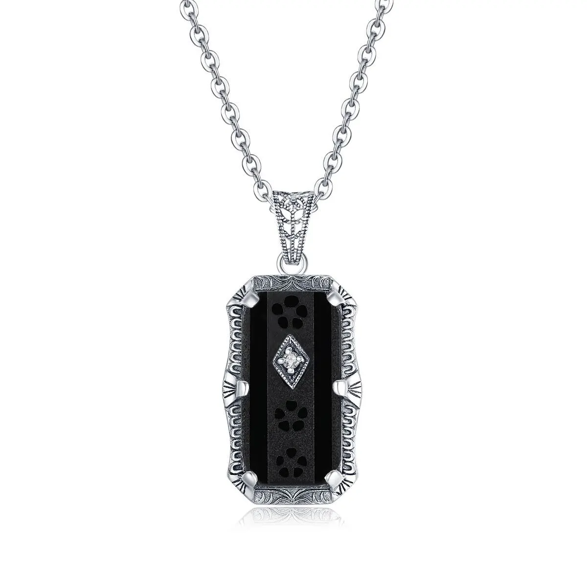 Antique exquisite filigree square natural black agate pendant necklace for women 925 silver 1