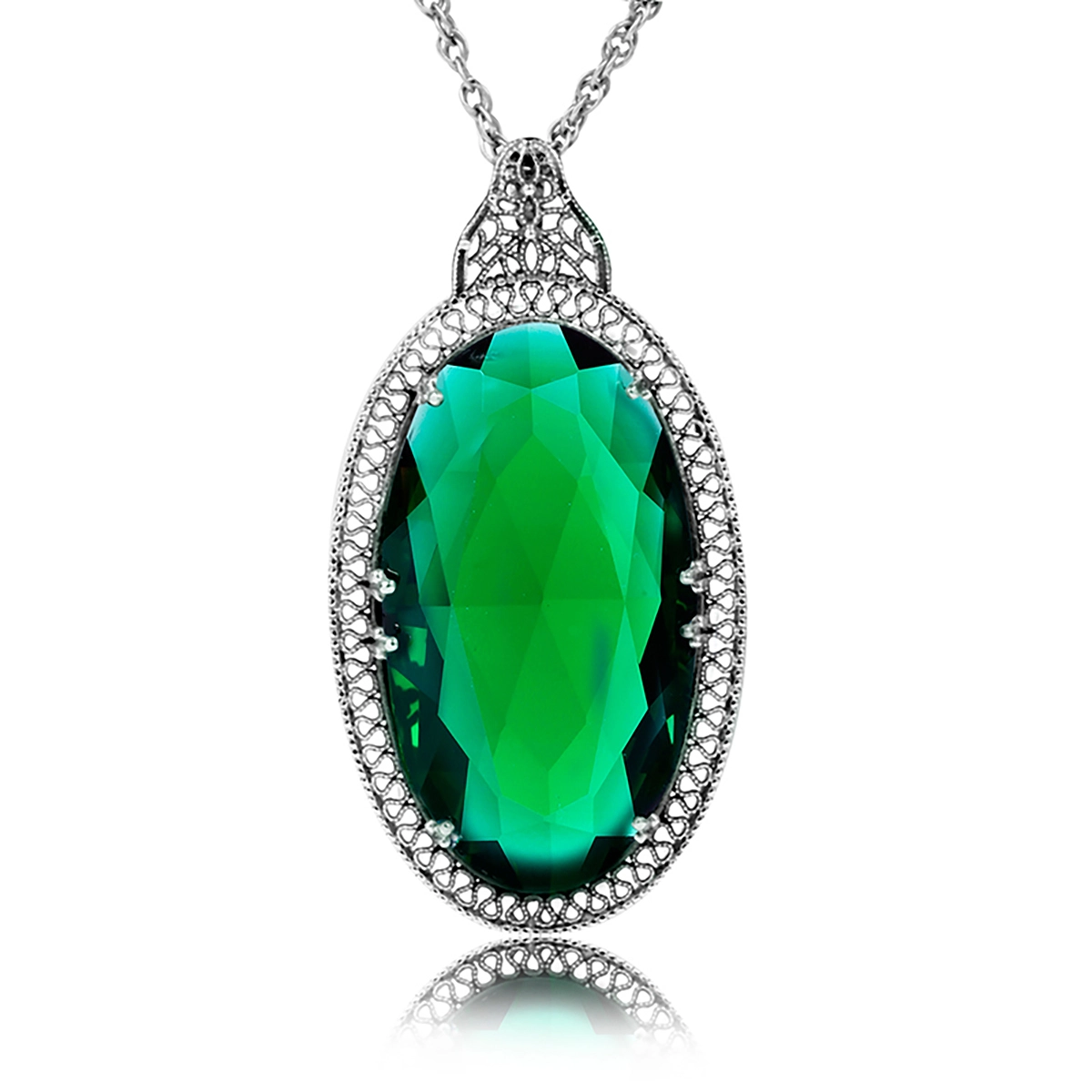 Vintage Royal Oval Big Gemstone Emerald 925 Silver Pendant Necklace Charm Women 1