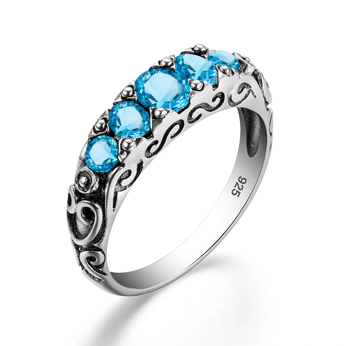 Beautiful Filigree 5 Stone Blue Topaz Women's Ring 925 Sterling Silver 1