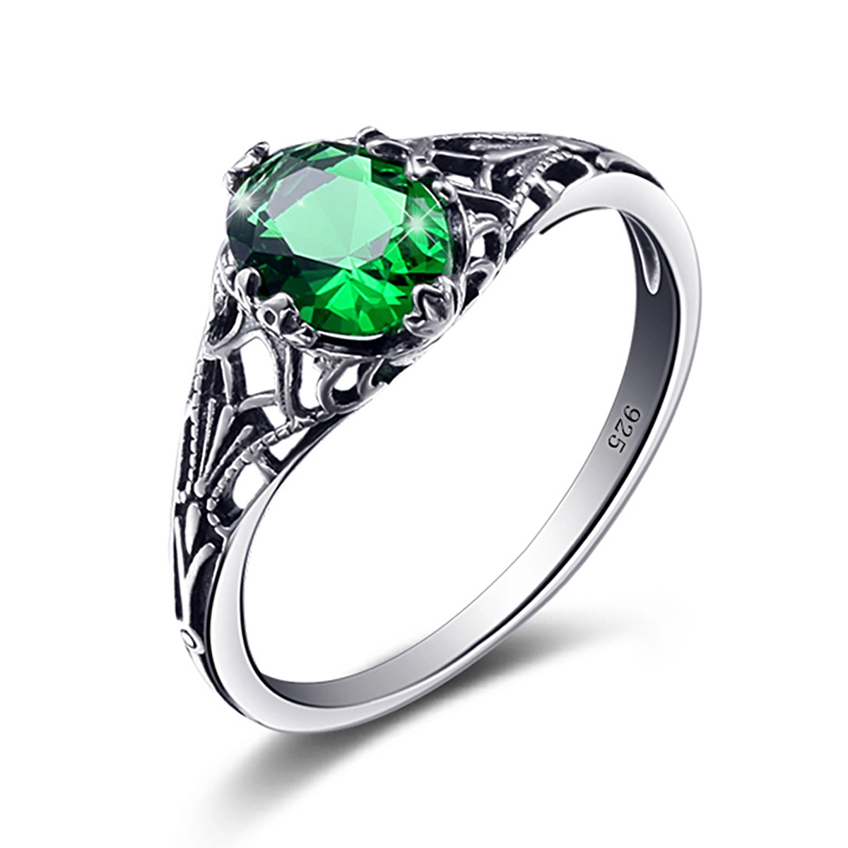 Antique Fine Filigree Mini Oval Emerald 925 Sterling Silver Rings 1
