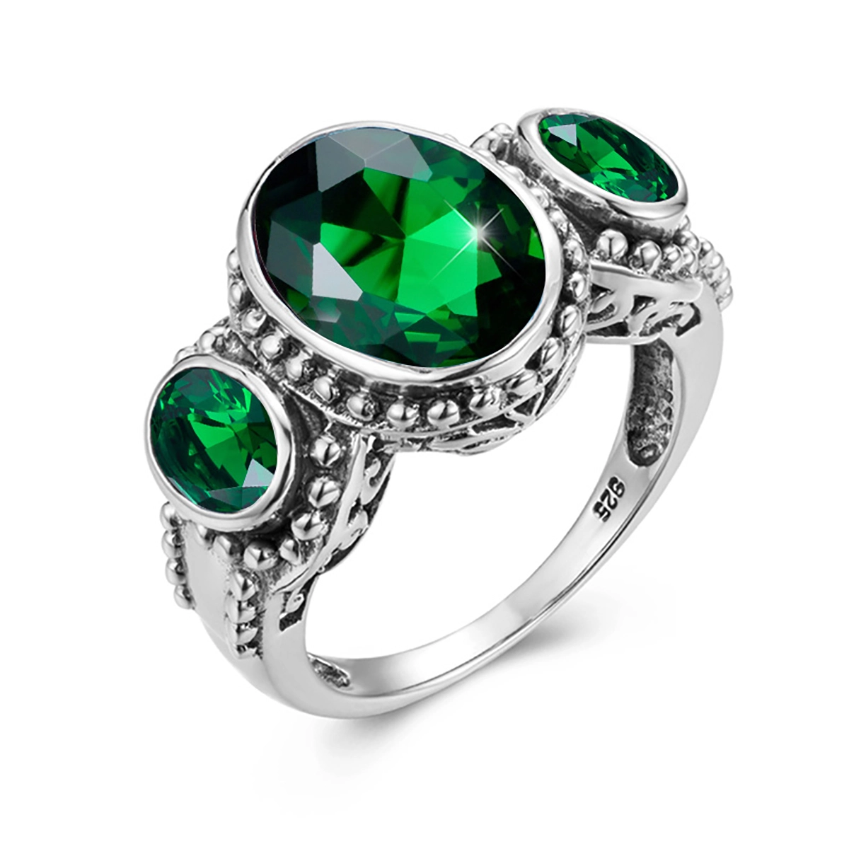 Vintage Arabic ethnic style oval 3 stone emerald 925 sterling silver rings 1
