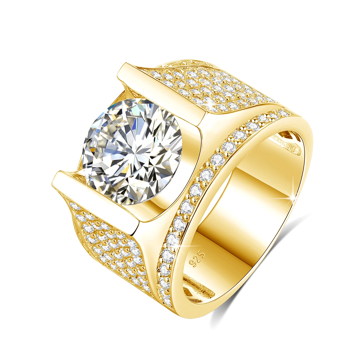 Mens Diamond Rings 5ct Moissanite 925 Silver Gold Plated 1