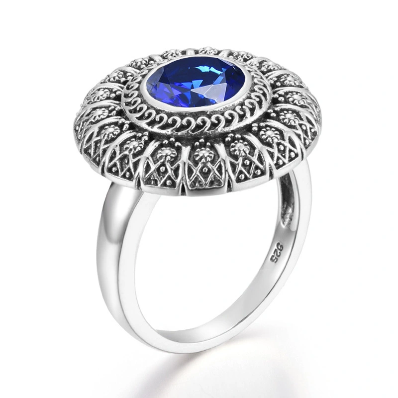 Wholesale Vintage Silver Rings Sapphire Exquisite Filigree Religious Style 1