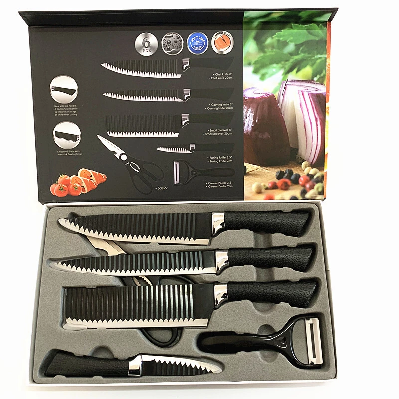 Ensemble de couteaux de Chef professionnels bon marché, couteaux à découper, bloc en acier inoxydable de haute qualité, ensemble de couteaux de cuisine noirs en céramique 6 pièces 1
