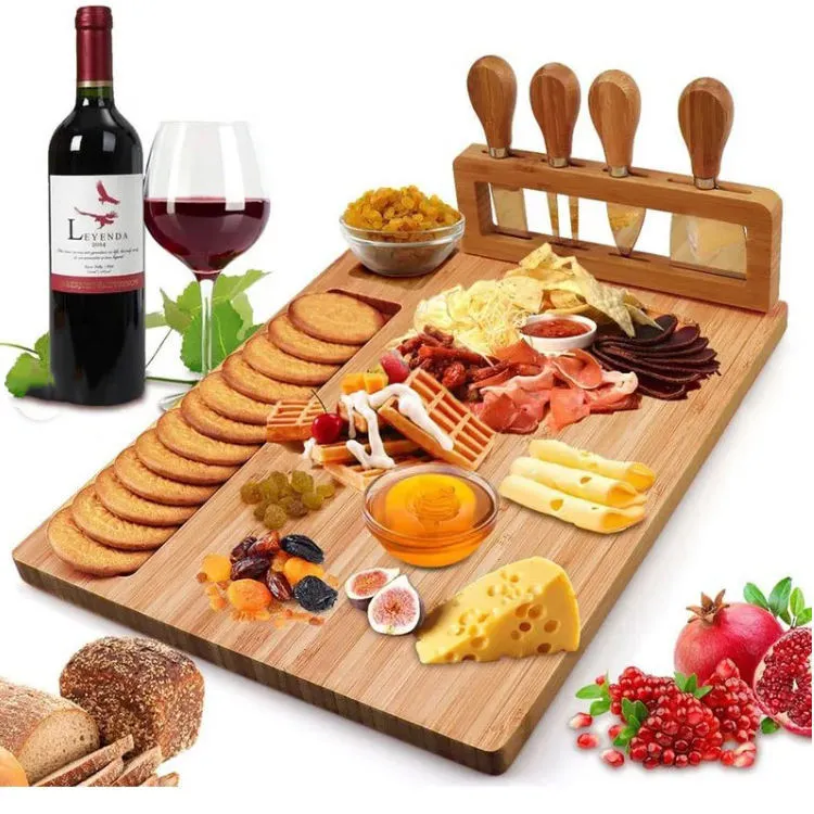 Libiang vente en gros Logo personnalisé Rectangle blanc planche à fromage en bambou bois bambou viande Charcuterie planche à fromage avec couteaux 1