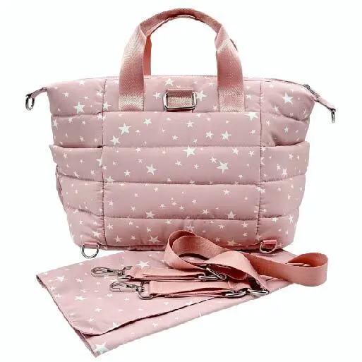 Bolsa de pañales con estampado de poliéster bordado SRDP134001 con cambiador para Baby Essentials Pink Star 1