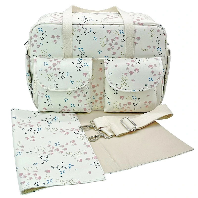 Borsa per pannolini in PU floreale alla moda Borsa da viaggio multifunzione multitasca Borsa grande per neonati con tasche isolate per fasciatoio 1