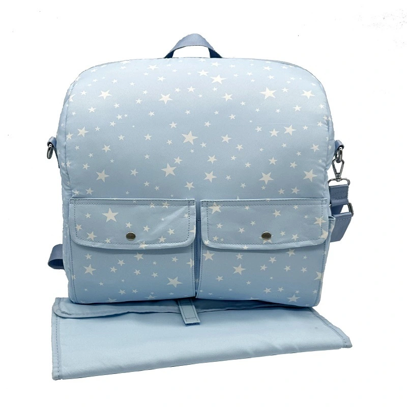 Mochila con bolsa de pañales de poliéster con estampado elegante y cambiador, múltiples bolsillos, impermeable, de gran capacidad, para viaje, bolsa de artículos esenciales para bebé 1