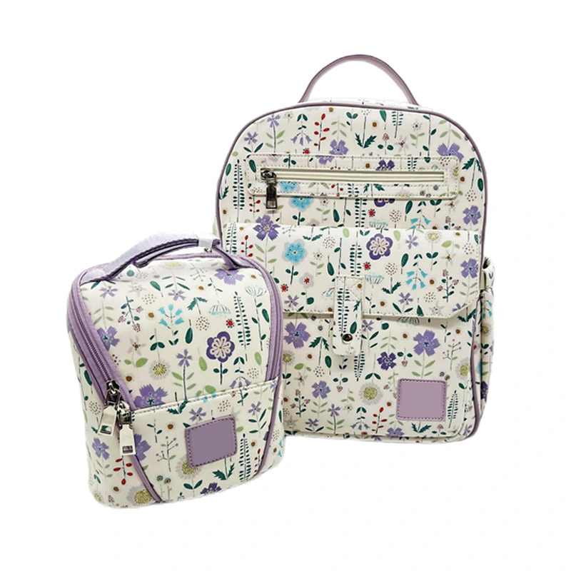 Modischer PU-Wickelrucksack mit Blumenmuster, Babyflaschentaschen, multifunktional, große Baby-Essentials-Tasche mit mehreren Taschen und isolierten Taschen mit Wickelunterlage 1
