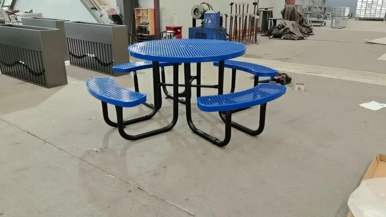 factory custom Outdoor Furniture Expanded Metal Round Commercial Picnic Dining Table With Bench 1