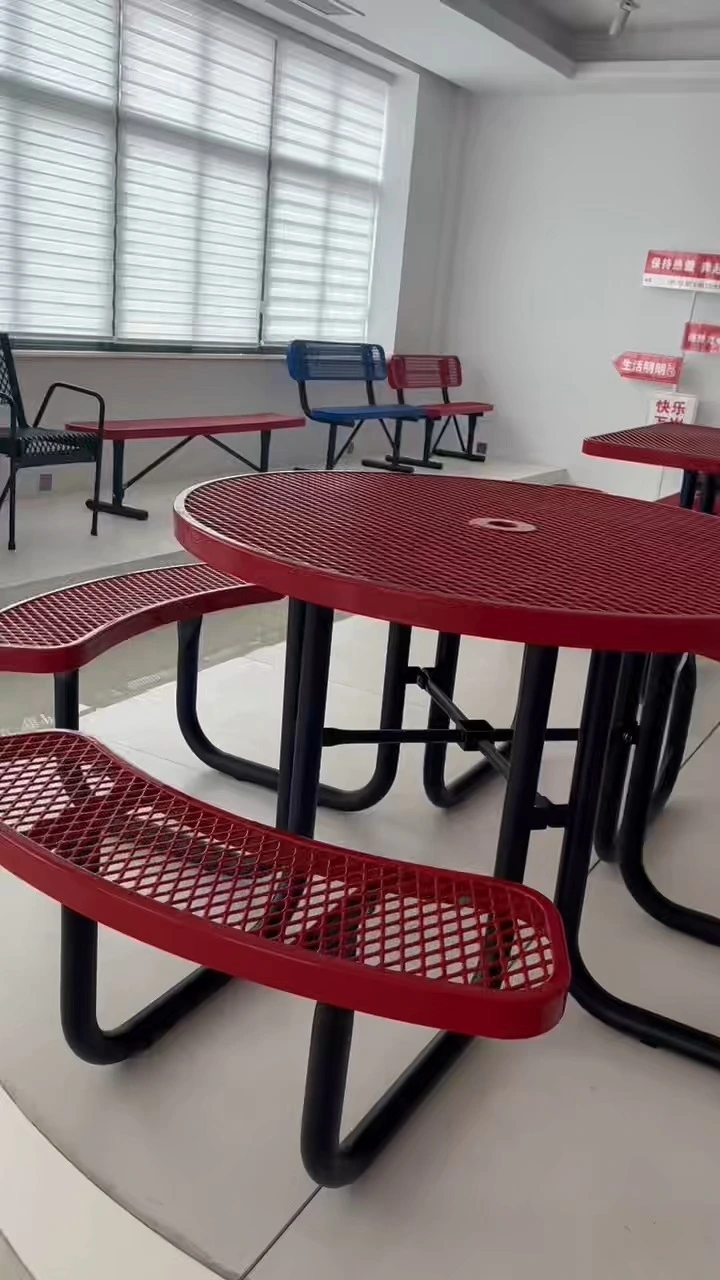 factory custom Outdoor Garden Furniture Thermoplastic Coating Round Expanded Metal Picnic Table with Bench 1