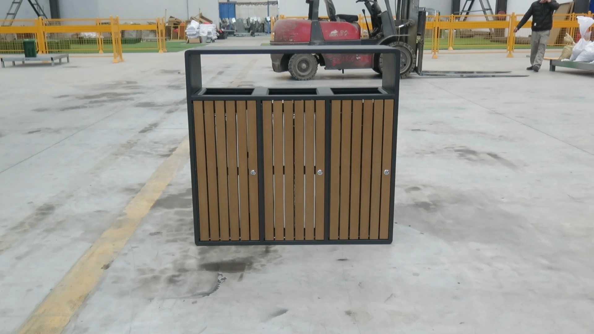3-Compartment Outdoor Trash Can, Galvanized Steel & WPC Recycling Bin for Public Use 1