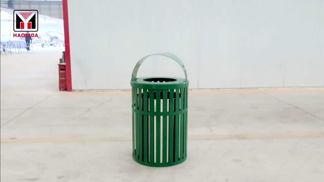 Green Slatted Round Metal Waste Bin | Outdoor Recycle Bin 1