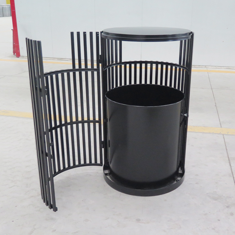 Haoyida Black Vertical Slat Round Metal Waste Bin | Outdoor Recycle Bin 3