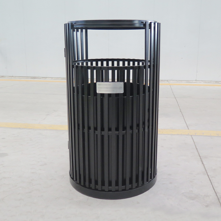 Haoyida Black Vertical Slat Round Metal Waste Bin | Outdoor Recycle Bin 4