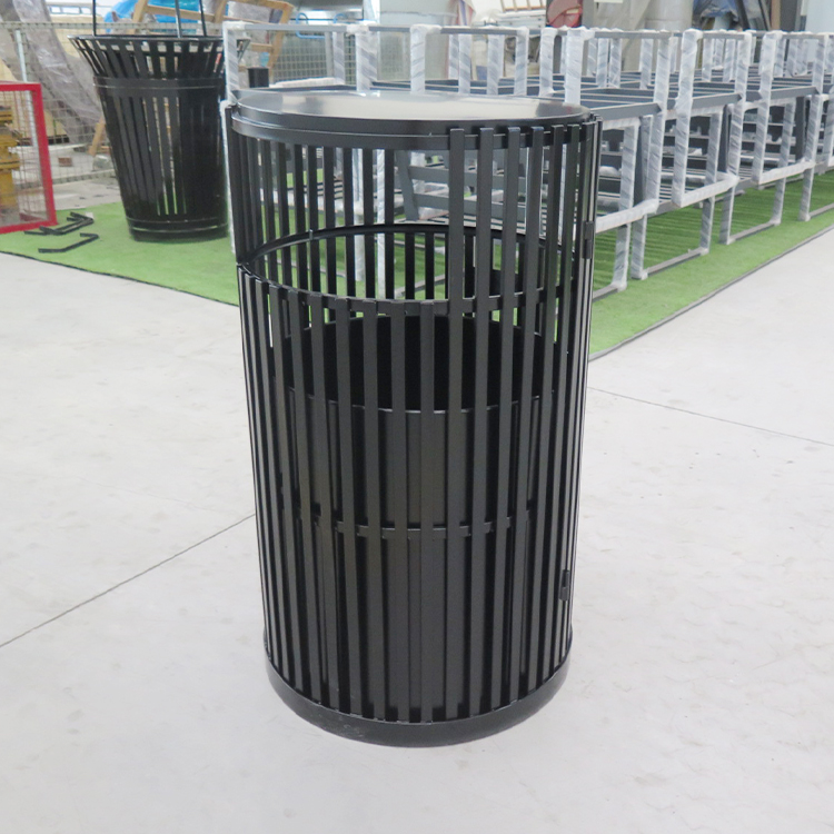 Haoyida Black Vertical Slat Round Metal Waste Bin | Outdoor Recycle Bin 5