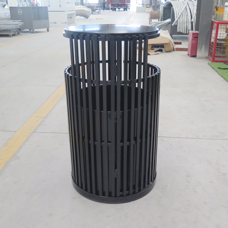 Haoyida Black Vertical Slat Round Metal Waste Bin | Outdoor Recycle Bin 6