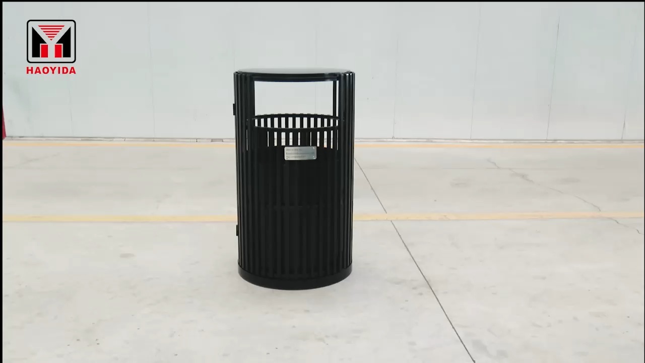 Haoyida Black Vertical Slat Round Metal Waste Bin | Outdoor Recycle Bin 1