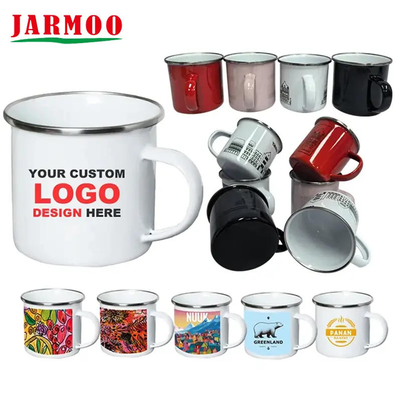 Tasse de camping en acier en métal d'impression de logo fait sur commande tasse durable d'émail 1