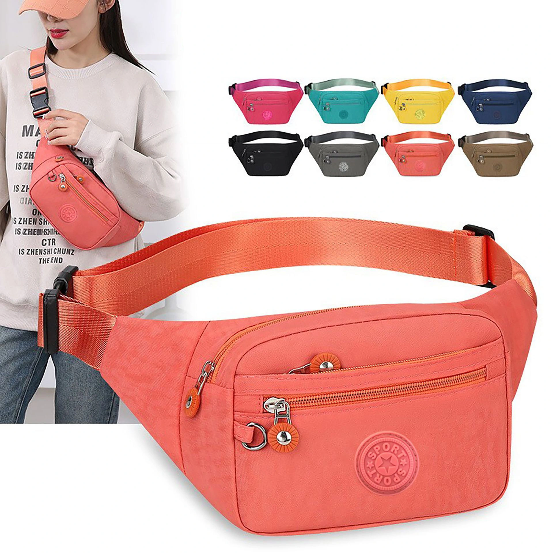 Riñonera deportiva de viaje para mujer, bolso de cintura impermeable, antirrobo, de gran capacidad, con logotipo personalizado 1