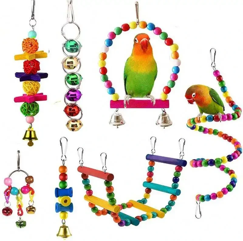 Venta al por mayor de juguetes para loros y pájaros, jaula para pájaros colgante, hamaca, columpio, juguete colgante con madera para jugar pájaros-Xinchen 1