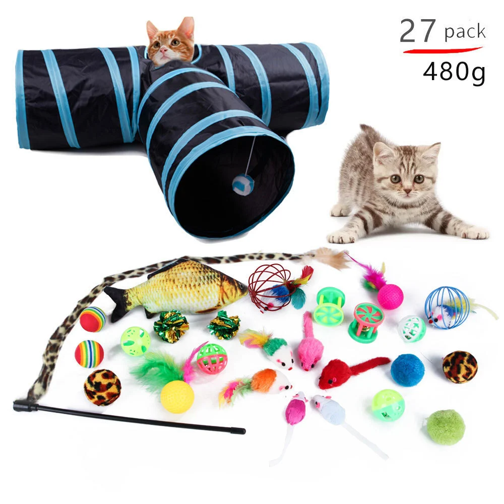 27 pièces jouets pour chat jouets pour chaton assortis, tunnel pour chat herbe à chat poisson plume teaser baguette poisson souris moelleuse souris balles et cloches jouets pour chat d'intérieur chiot kit de jouets interactifs pour chat 1