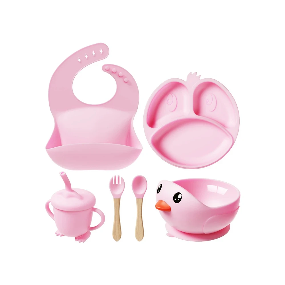 Productos más vendidos, juego de cubiertos para niños, cuchara, tenedor, plato, babero, tazón de succión de silicona para lactancia, juego de alimentación de bebé 1