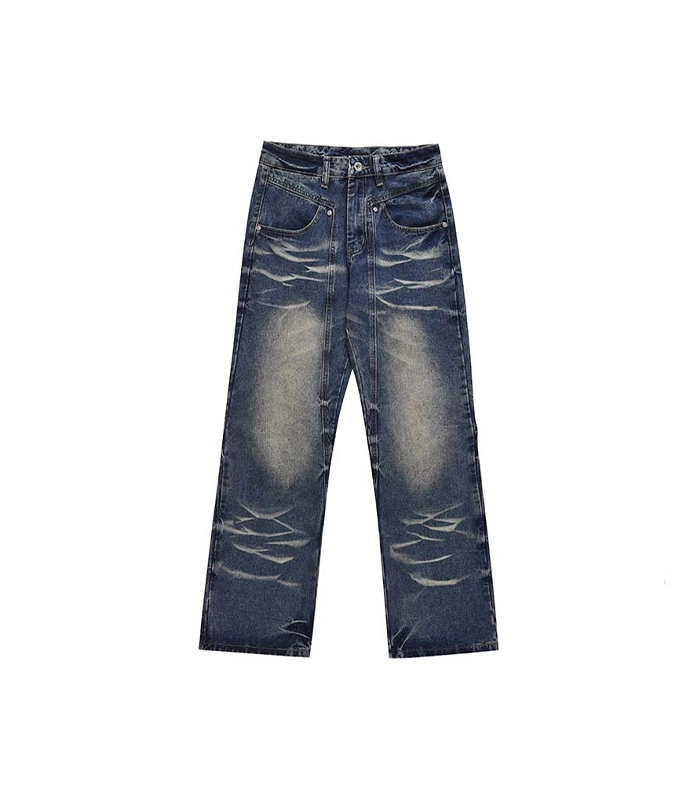 American Retro Washed Ripple Design Men Streetwear Jeans 1