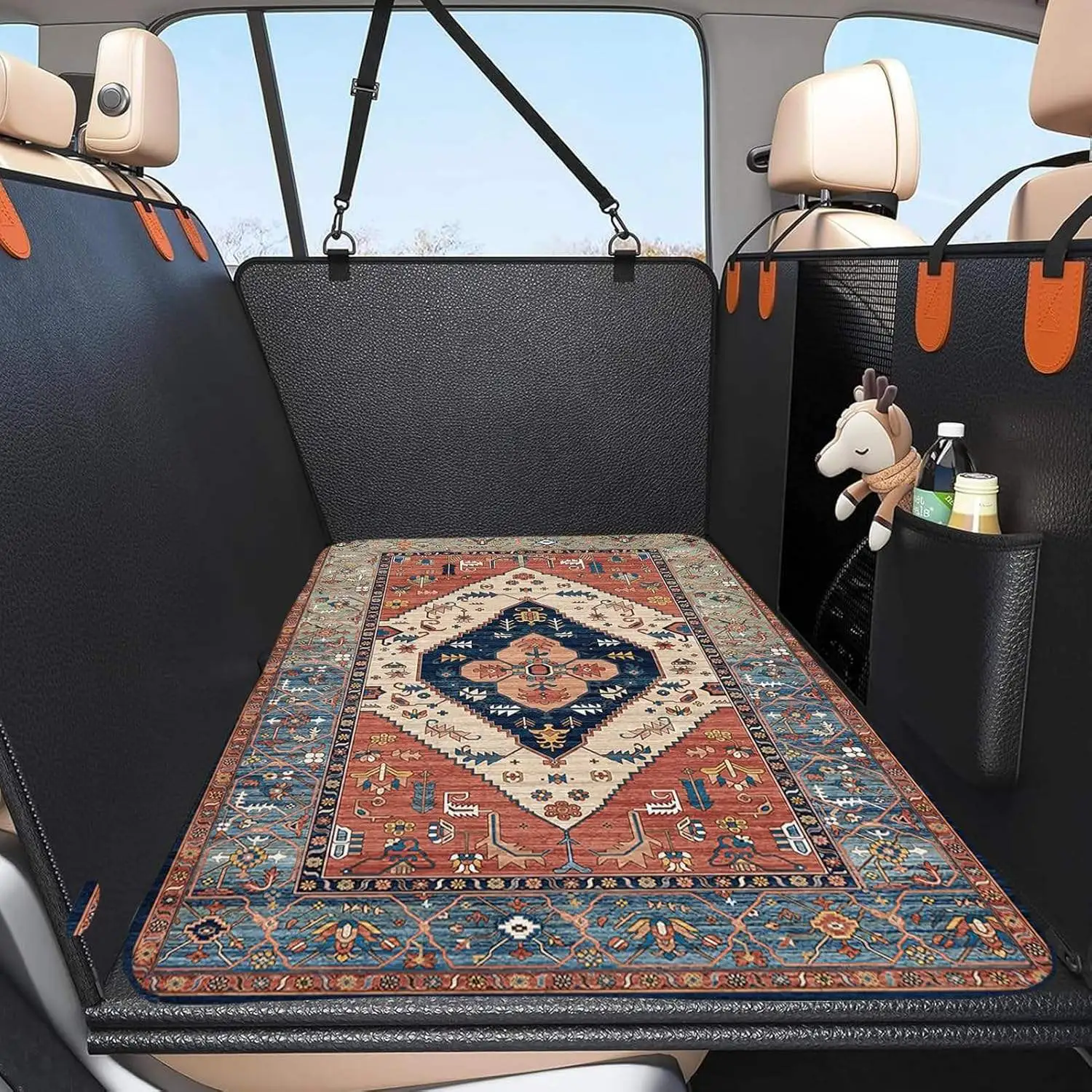 Funda para asiento de coche para mascotas de estilo étnico con acolchado suave, amplios bolsillos de almacenamiento y cierre seguro para perros. 1