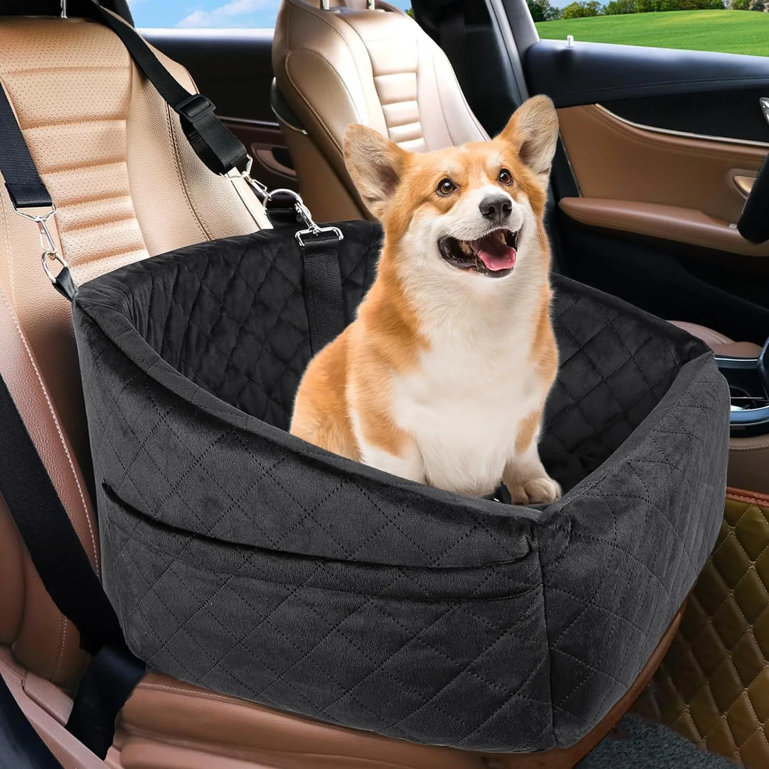 Siège rehausseur amovible et lavable pour chien avec poches de rangement et ceinture de sécurité. Lit de voyage pour chien. Siège auto pour chiens de petite et moyenne taille. 1