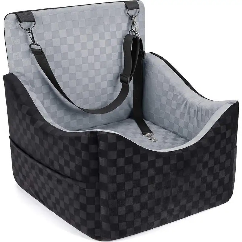 Siège rehausseur pour animaux de compagnie en mousse à mémoire de forme OEM, motif tartan, lit de voyage portable et sûr pour animaux de compagnie avec ceintures de sécurité et poches de rangement 1