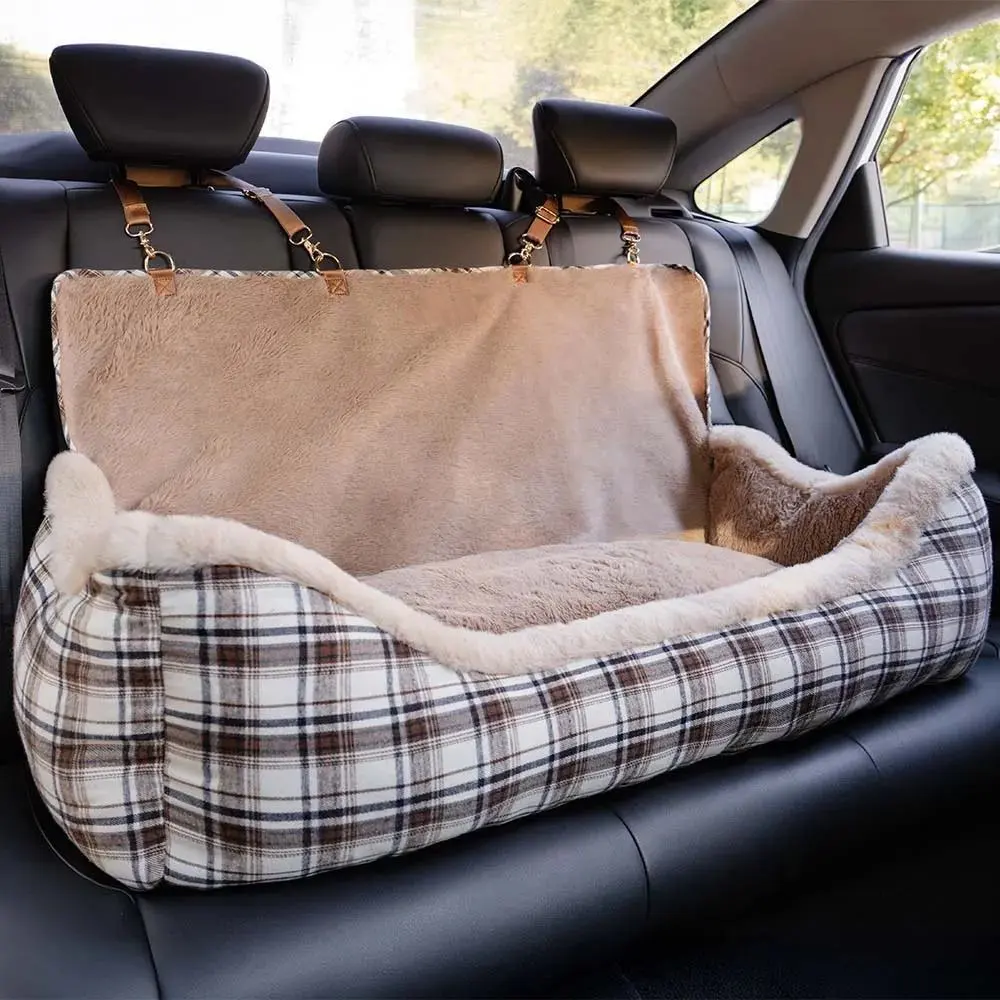 Grand siège auto pour chien classique à rayures moelleuses, siège rehausseur de luxe personnalisé, doux et confortable 1