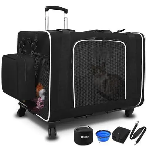 Cage de transport extra large pour chat avec roulettes et bac à litière 61 x 43 x 43 cm pour grand chat ou 2 petits chats, cage de transport souple et pliable pour les voyages en voiture avec fermetures éclair de sécurité verrouillables. 1