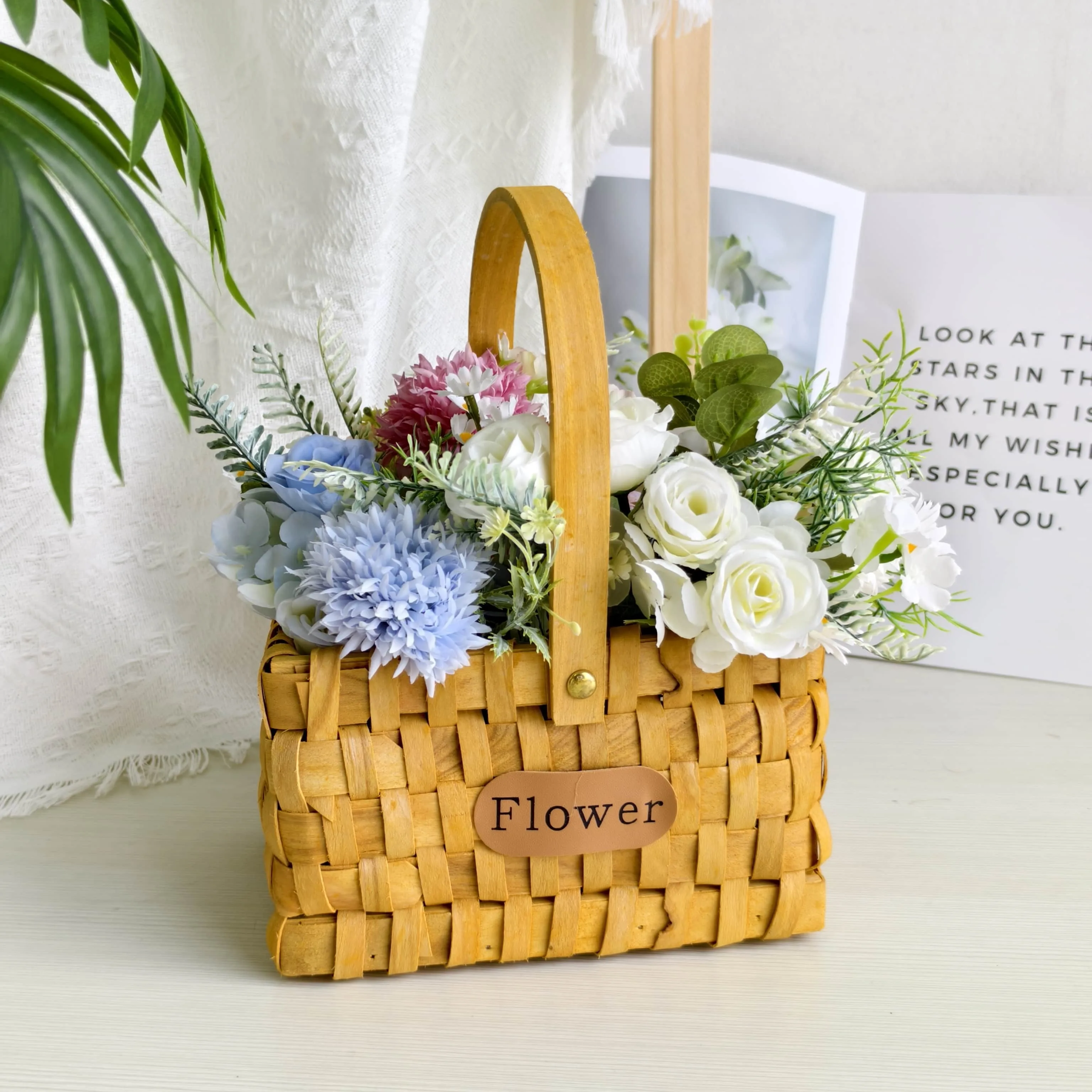 Long-square shape shape woven wood flowers baskets with simple style 1