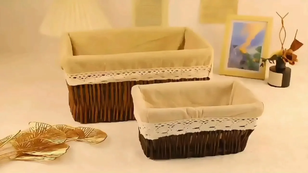 Firkantede opbevaringsbakker i flet, klassisk samlingskurv i flet med foret design 1