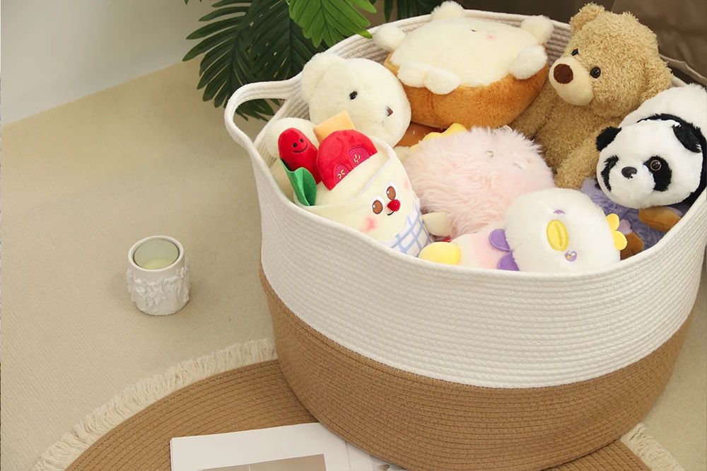 Large size and hand-woven cotton rope weaving  double-color laundry basket  folded basket 1