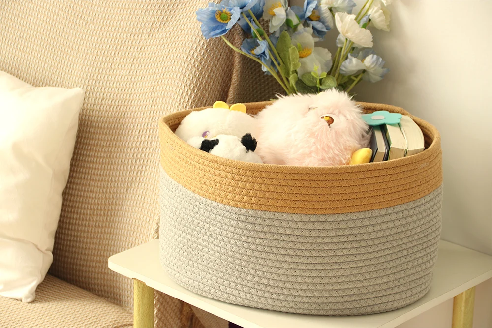 Basket Gem - oval shape design  being folded cotton rope laundry storage basket two colors 1