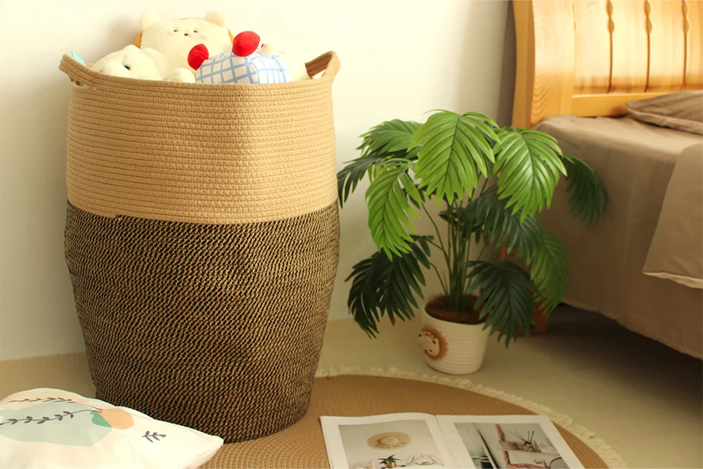 Large capacity  with a handle  flowers pot shape design  Cotton Rope Laundry Basket-Basket Gem 1
