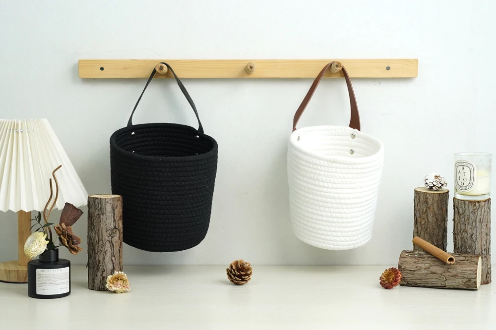Cesta de corda de algodão pendurada na parede, alça de couro preto, ferro, design fixo, planta e cesta de flores 1