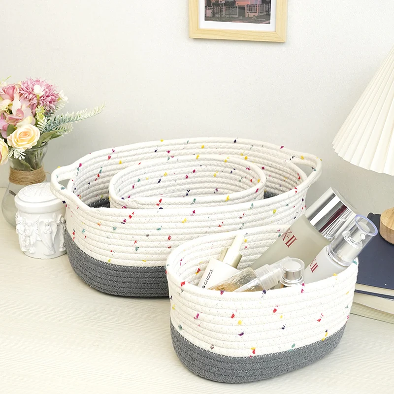 Corpo de cesta de corda de corda de algodão com design de abertura de pontos coloridos cinza e branco 1