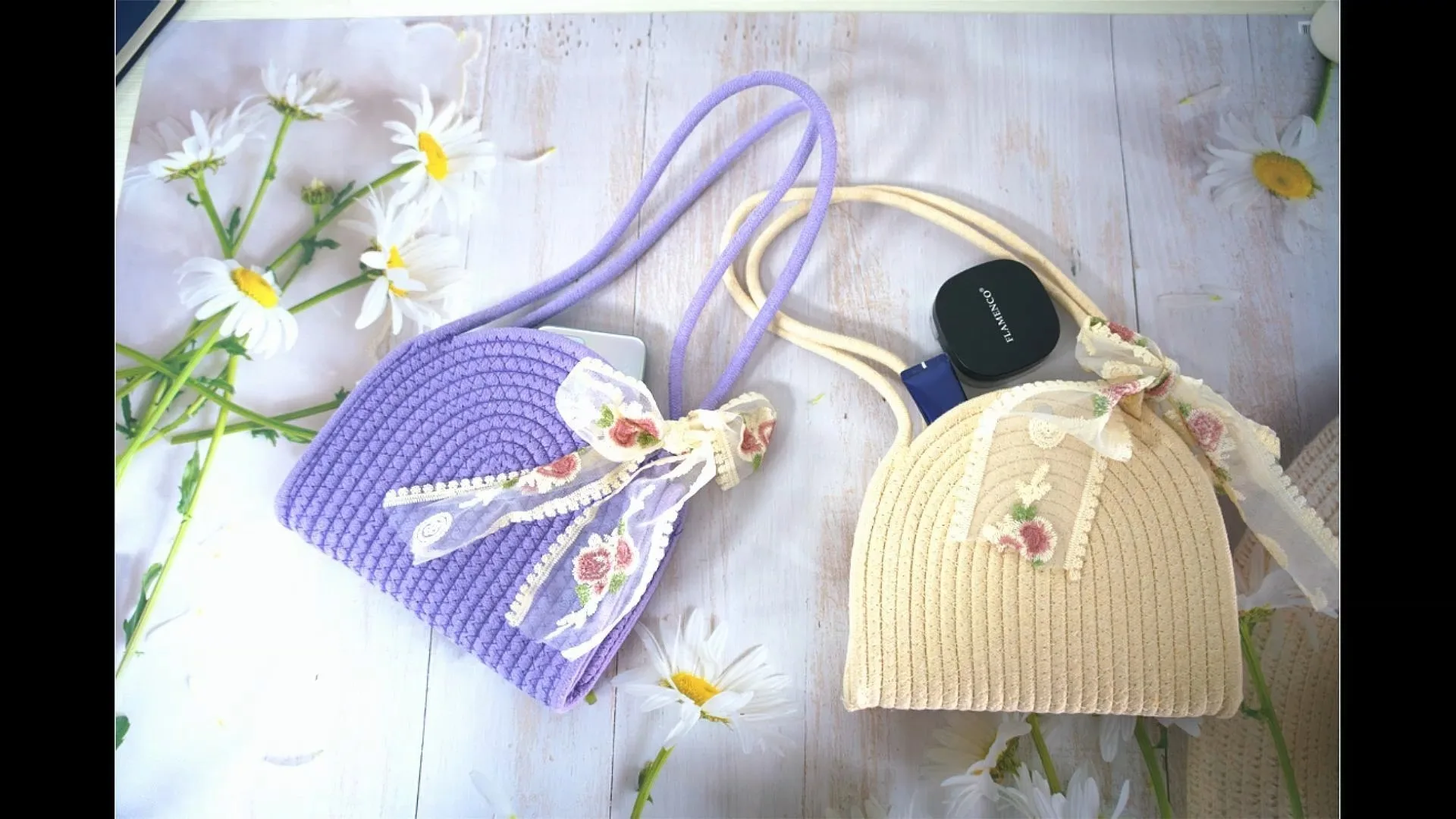 Cotton Rope Bag   cotton rope storage bag   handle with lace bow knot decoration 1
