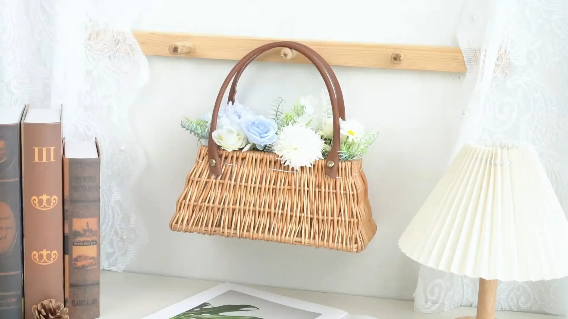 Willow flower basket   leather handle   trapezoidal shape design   simple style 1