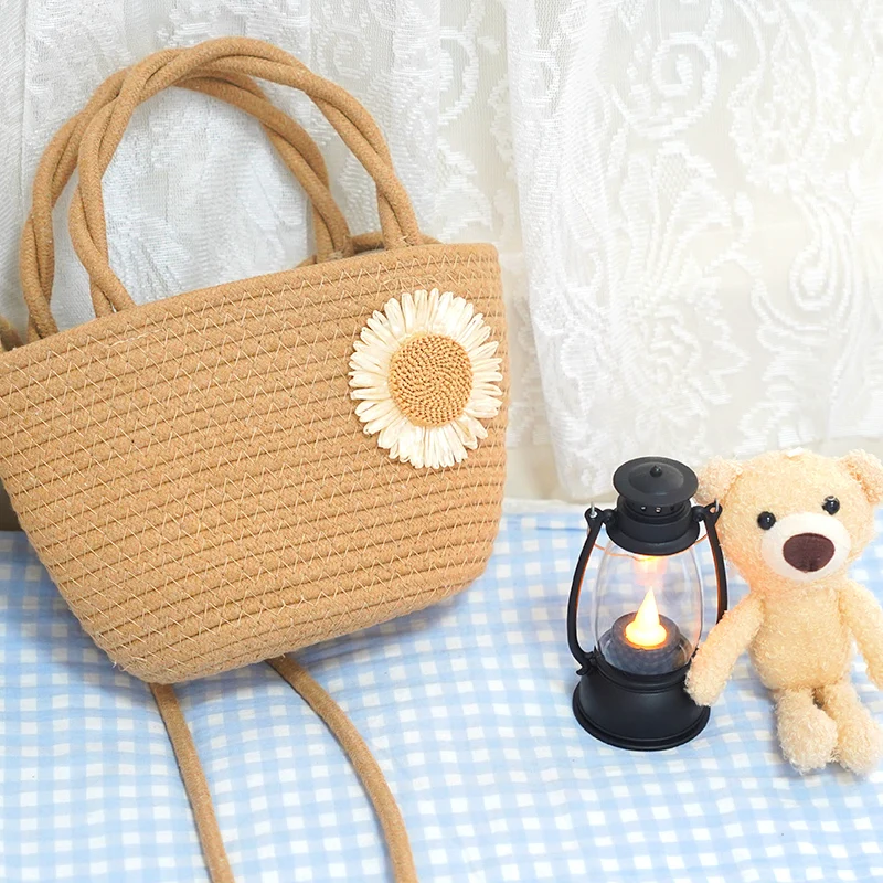 Cotton Rope Bag  pastoral style    environmental hand bag   Flower commuting one-shoulder bag   pure color storage cross-body bag 1