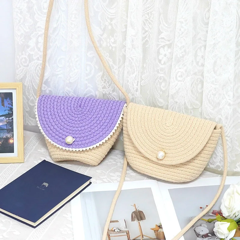 Cotton Rope Bag   blue bag body and shoulder strap      yellow flexible opening bag’s edge with small pearls decoration 1