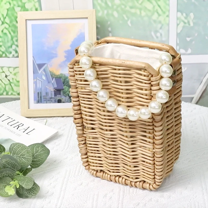 Willow bag  long square shape design  short pearls handle decoration   leather reinforcement handle design 1
