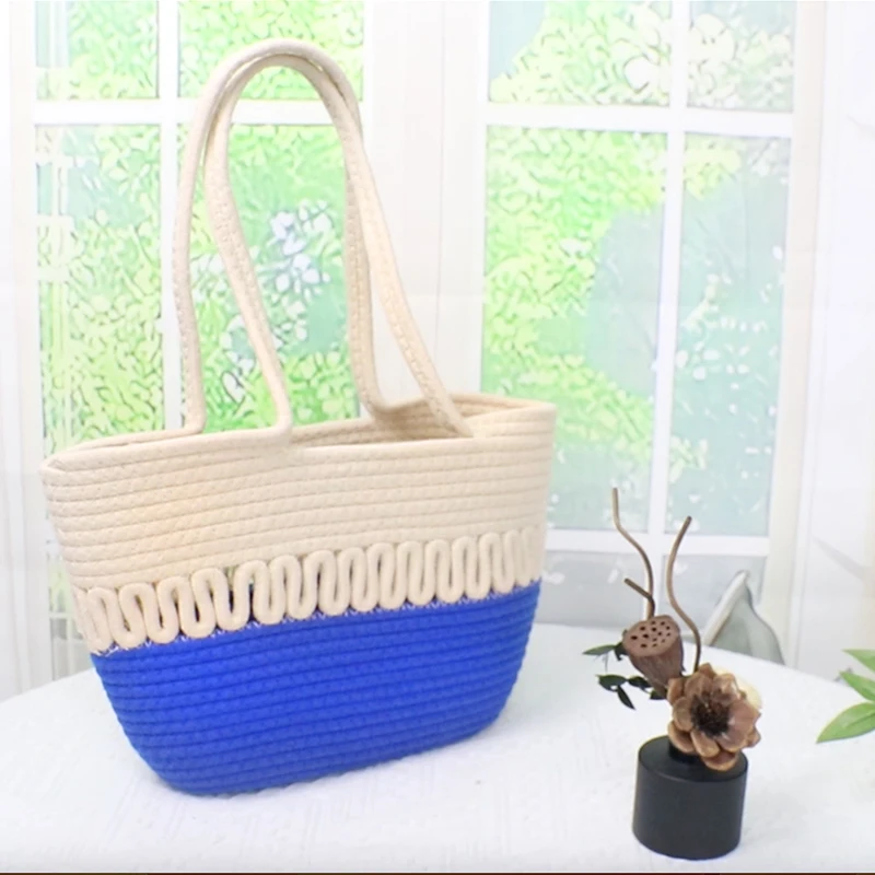 Cotton woven women's bag colorblock hollow woven tote bag large capacity versatile crossbody bag 1