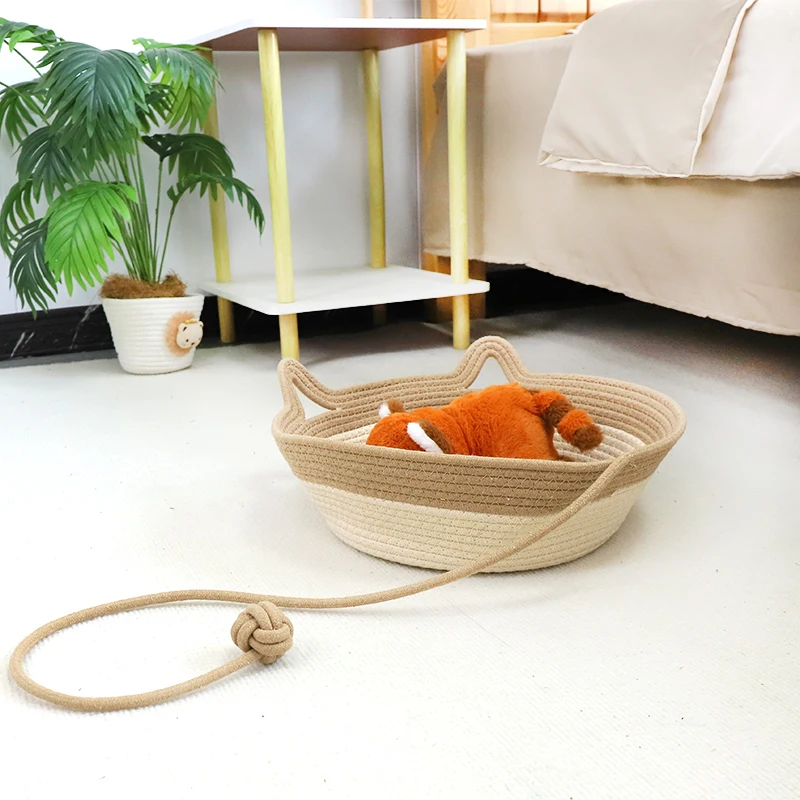 Cotton cat bed with cushion   cat ear double handle design  cotton ball decoration   Basket Gem 1
